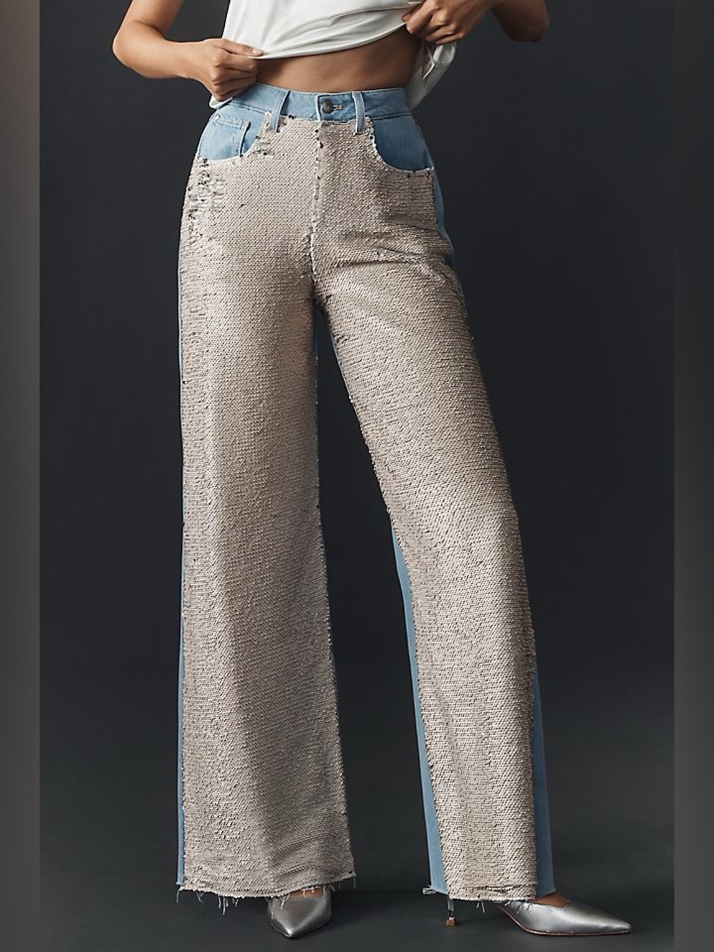 PILCRO Light Blue Denim Champagne Reversible Sequins Jeans